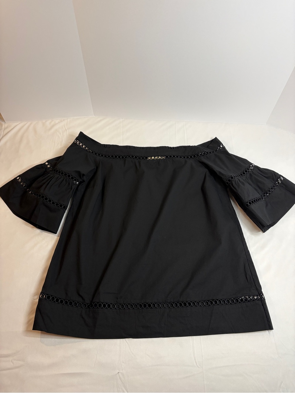 Michael Kors Black Peasant Blouse Eyelet  L Cottagecore Coquette Old Money Boho